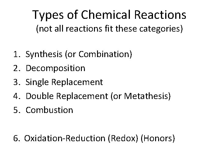 Types of Chemical Reactions (not all reactions fit these categories) 1. 2. 3. 4.