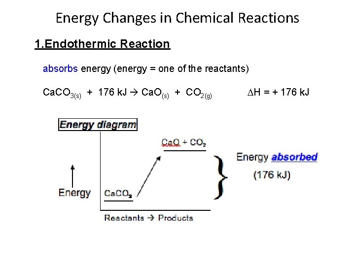 Energy Changes in Chemical Reactions 1. Endothermic Reaction absorbs energy (energy = one of Energy Changes in Chemical Reactions 1. Endothermic Reaction absorbs energy (energy = one of