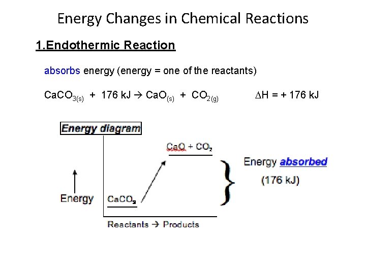 Energy Changes in Chemical Reactions 1. Endothermic Reaction absorbs energy (energy = one of