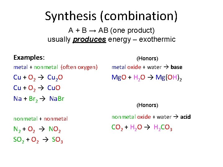 Synthesis (combination) A + B → AB (one product) usually produces energy – exothermic Synthesis (combination) A + B → AB (one product) usually produces energy – exothermic