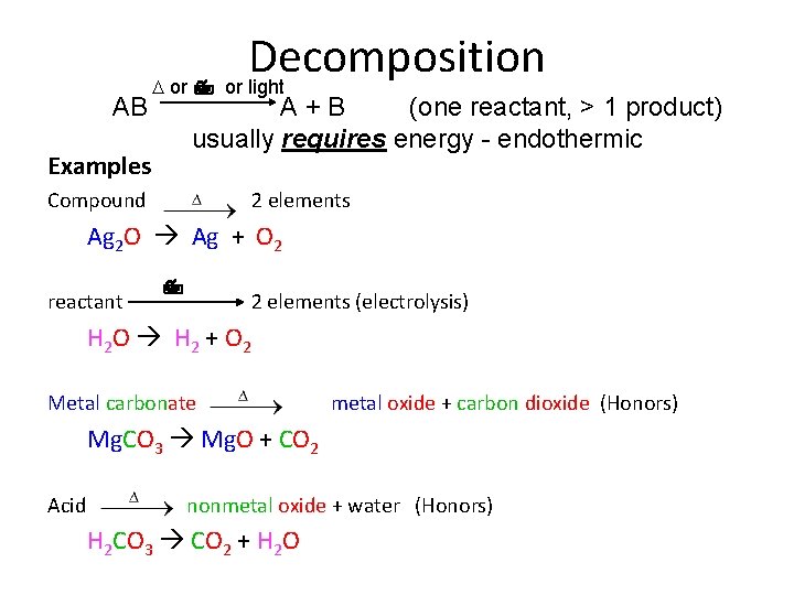 AB Decomposition D or 7 or light A+B (one reactant, > 1 product) usually
