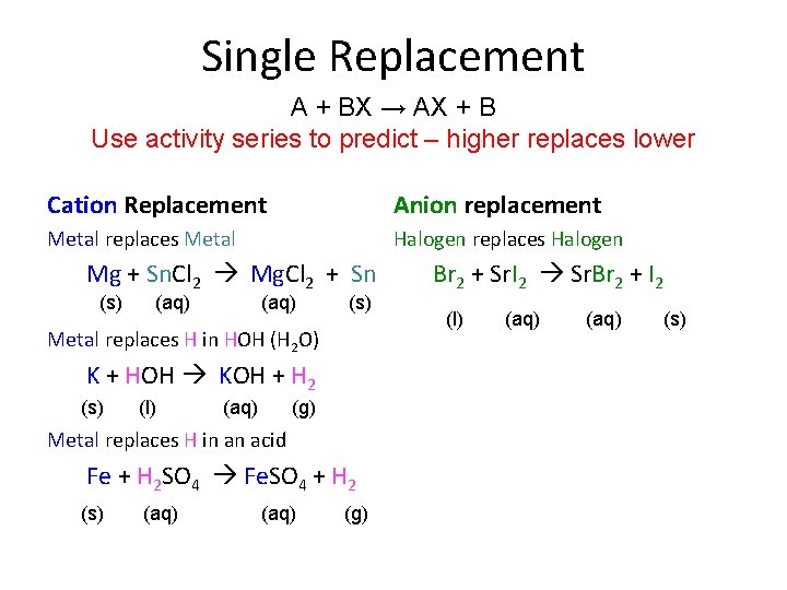 Single Replacement A + BX → AX + B Use activity series to predict