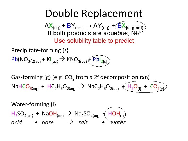 Double Replacement AX(aq) + BY(aq) → AY(aq) + BX(s, g or l) If both