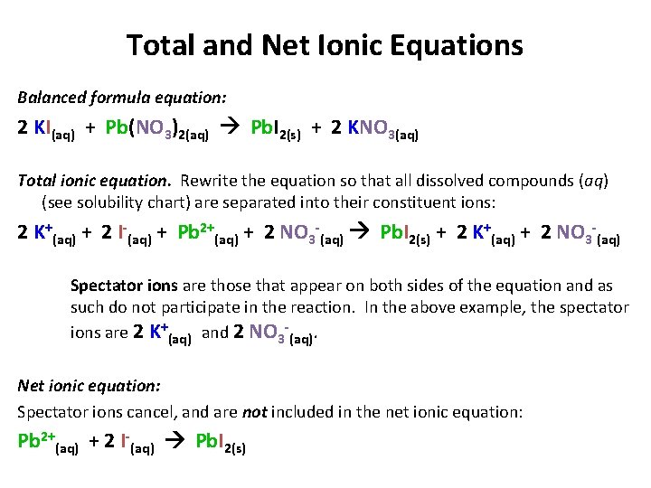 Total and Net Ionic Equations Balanced formula equation: 2 KI(aq) + Pb(NO 3)2(aq) Pb.