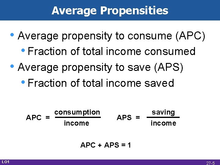 Average Propensities • Average propensity to consume (APC) • Fraction of total income consumed