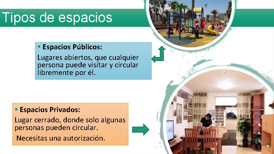 Tipos de espacios § Espacios Públicos: Lugares abiertos, que cualquier persona puede visitar y