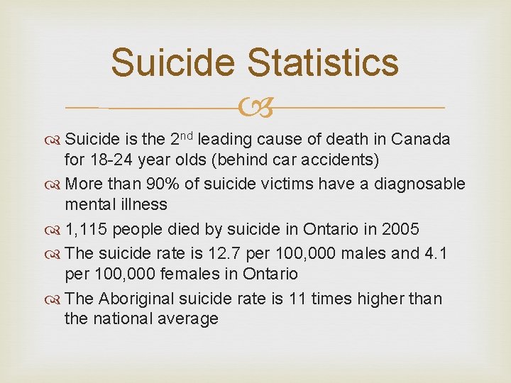 Suicide Statistics Suicide is the 2 nd leading cause of death in Canada for