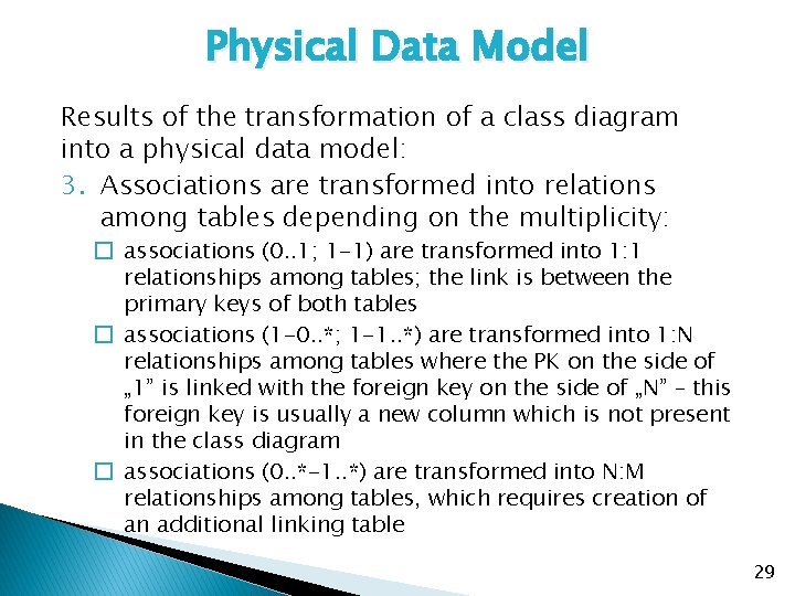 Physical Data Model Results of the transformation of a class diagram into a physical