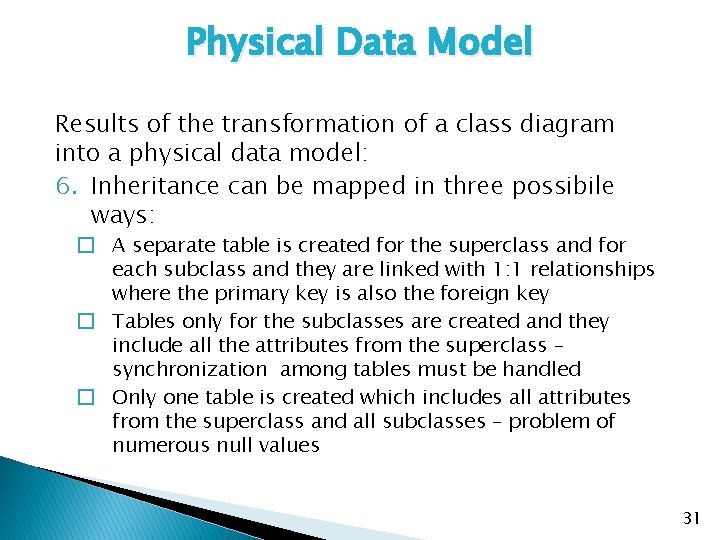 Physical Data Model Results of the transformation of a class diagram into a physical