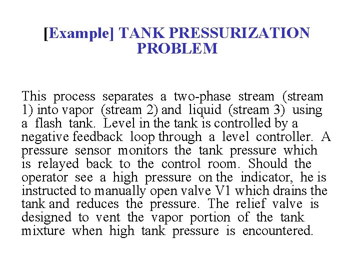 [Example] TANK PRESSURIZATION PROBLEM This process separates a two-phase stream (stream 1) into vapor