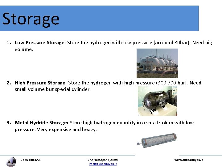 Storage 1. Low Pressure Storage: Store the hydrogen with low pressure (arround 30 bar).