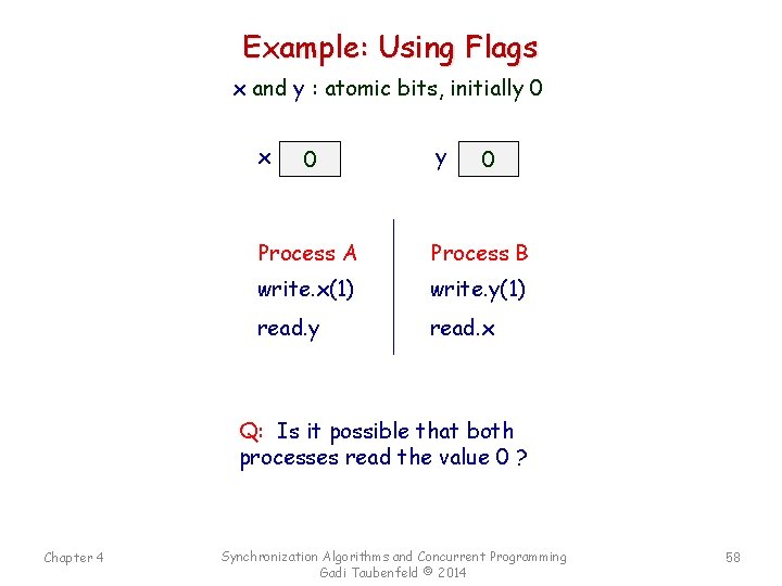 Example: Using Flags x and y : atomic bits, initially 0 x 0 y