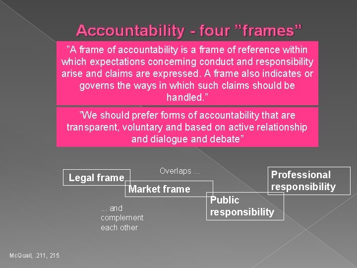 Accountability - four ”frames” ”A frame of accountability is a frame of reference within