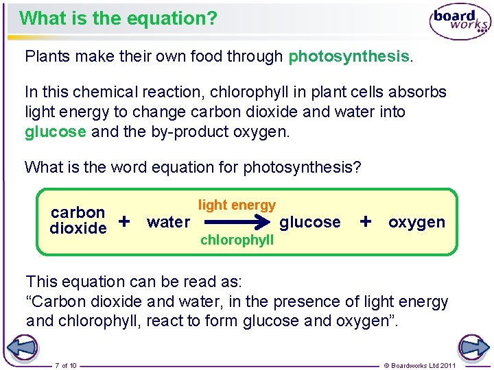 What is the equation? Plants make their own food through photosynthesis. In this chemical