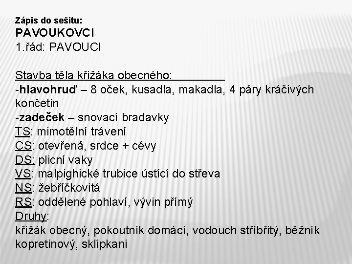 Zápis do sešitu: PAVOUKOVCI 1. řád: PAVOUCI Stavba těla křižáka obecného: -hlavohruď – 8