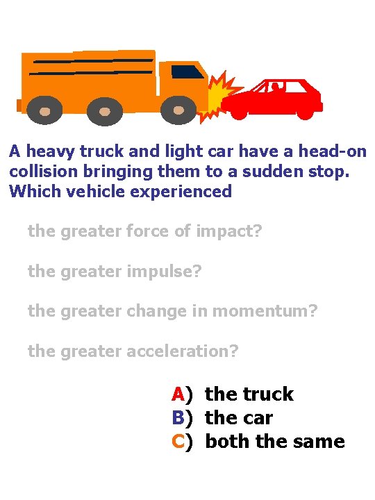 A heavy truck and light car have a head-on collision bringing them to a