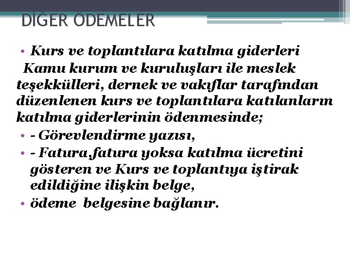 DİĞER ÖDEMELER • Kurs ve toplantılara katılma giderleri Kamu kurum ve kuruluşları ile meslek