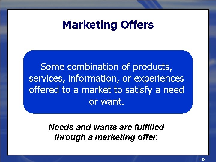 Marketing Offers Some combination of products, services, information, or experiences offered to a market