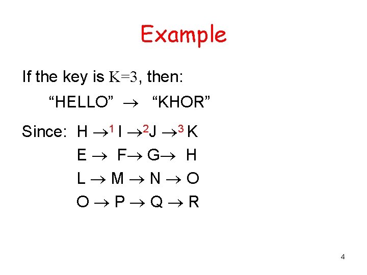 Example If the key is K=3, then: “HELLO” “KHOR” Since: H 1 I 2