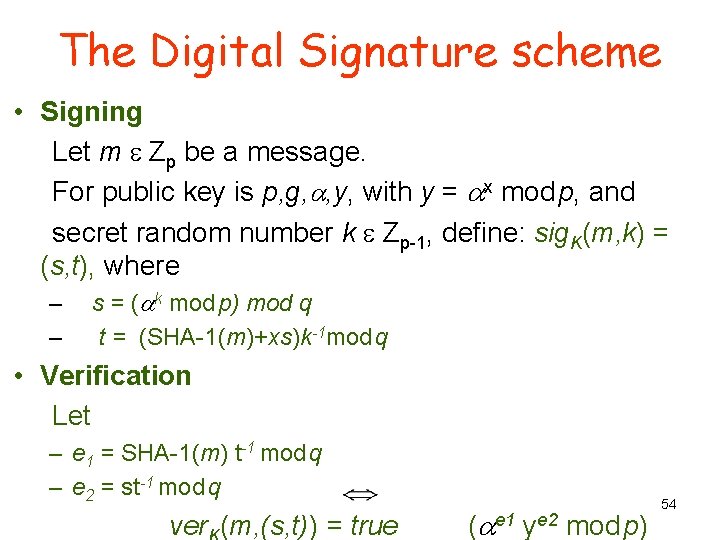 The Digital Signature scheme • Signing Let m e Zp be a message. For