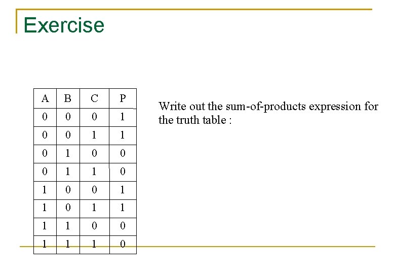 Exercise A B C P 0 0 0 1 1 0 1 1 1 Exercise A B C P 0 0 0 1 1 0 1 1 1