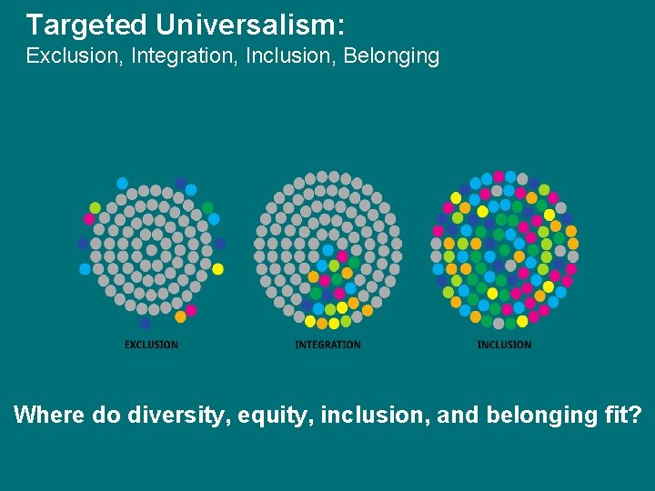 Targeted Universalism: Exclusion, Integration, Inclusion, Belonging Where do diversity, equity, inclusion, and belonging fit?