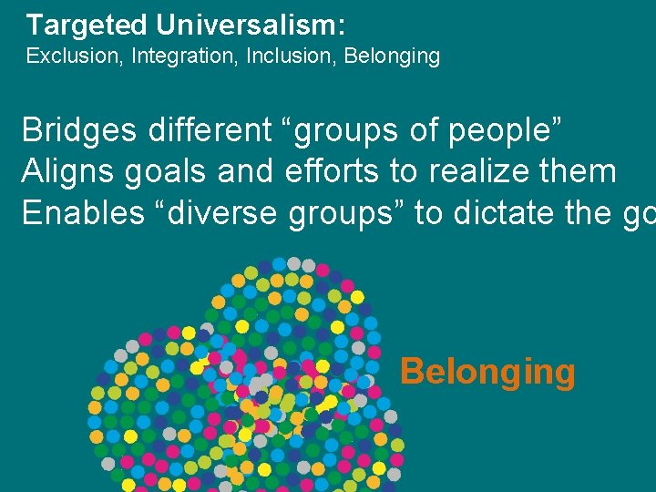 Targeted Universalism: Exclusion, Integration, Inclusion, Belonging Bridges different “groups of people” Aligns goals and