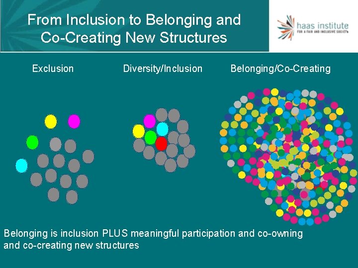 From Inclusion to Belonging and Co-Creating New Structures Exclusion Diversity/Inclusion Belonging/Co-Creating Belonging is inclusion