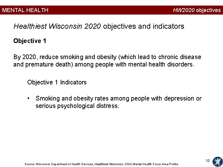 MENTAL HEALTH HW 2020 objectives Healthiest Wisconsin 2020 objectives and indicators Objective 1 By
