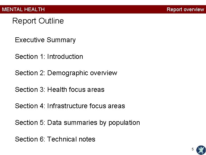 MENTAL HEALTH Report overview Report Outline Executive Summary Section 1: Introduction Section 2: Demographic