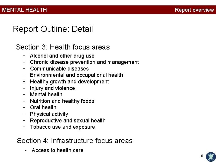 MENTAL HEALTH Report overview Report Outline: Detail Section 3: Health focus areas • •