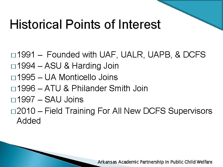 Historical Points of Interest � 1991 – Founded with UAF, UALR, UAPB, & DCFS
