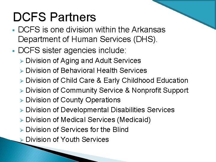 DCFS Partners § § DCFS is one division within the Arkansas Department of Human
