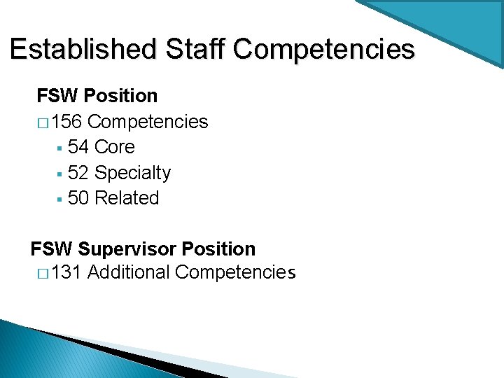 Established Staff Competencies FSW Position � 156 Competencies § 54 Core § 52 Specialty