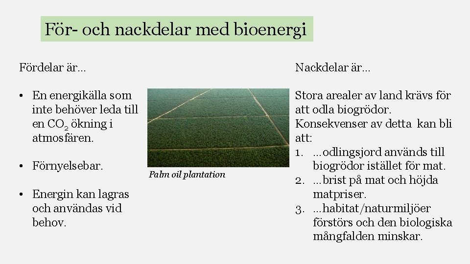 För- och nackdelar med bioenergi Fördelar är… Nackdelar är… • En energikälla som inte