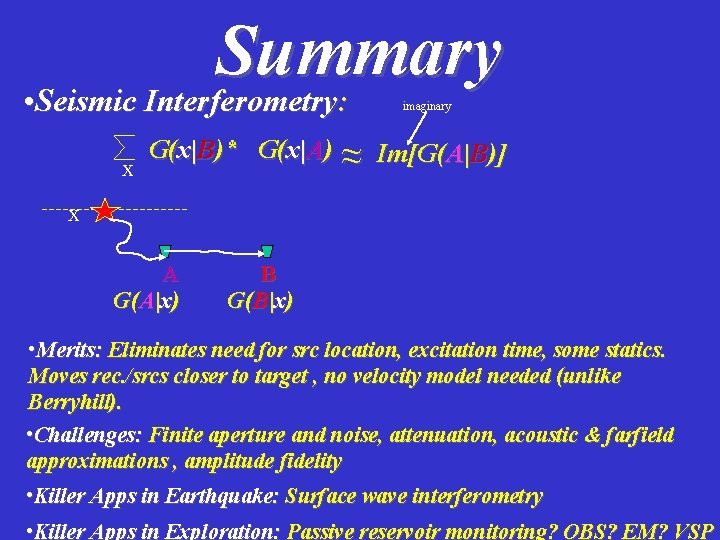 Summary • Seismic Interferometry: imaginary x G(x|B)* G(x|A) ~ ~ Im[G(A|B)] x x A