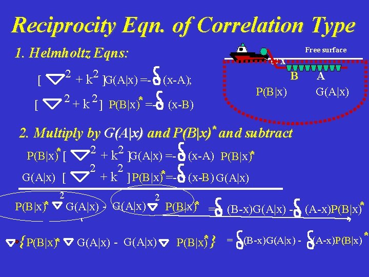 Reciprocity Eqn. of Correlation Type 1. Helmholtz Eqns: 2 [ Free surface x +