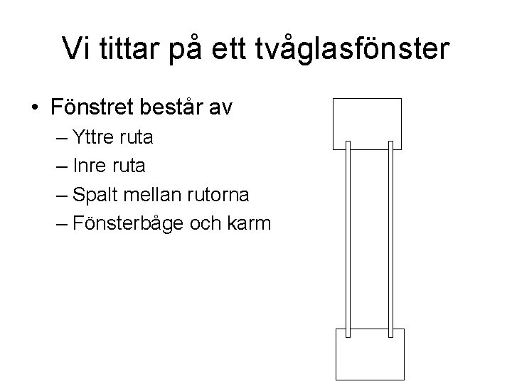 Vi tittar på ett tvåglasfönster • Fönstret består av – Yttre ruta – Inre