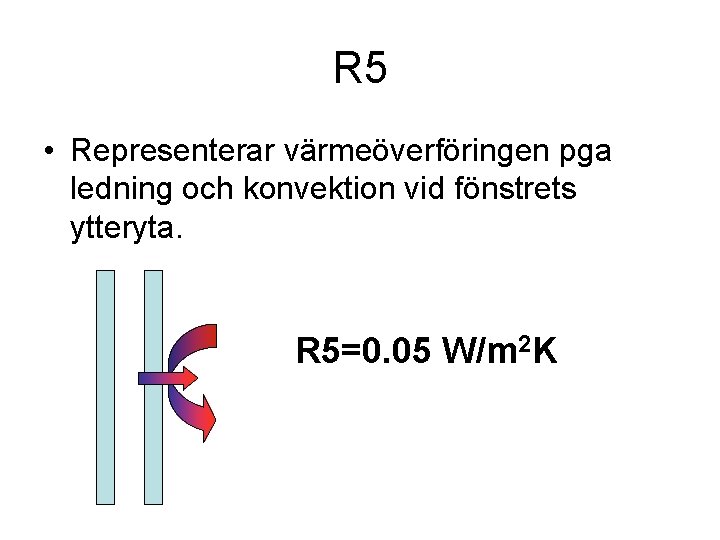 R 5 • Representerar värmeöverföringen pga ledning och konvektion vid fönstrets ytteryta. R 5=0.