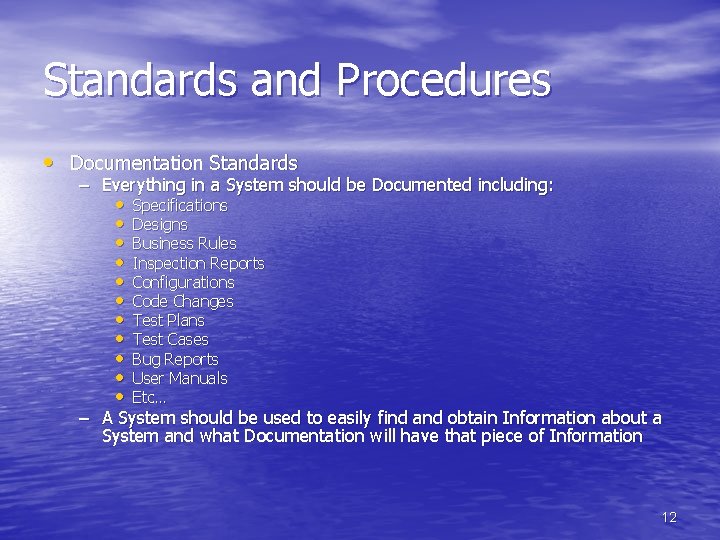 Standards and Procedures • Documentation Standards – Everything in a System should be Documented