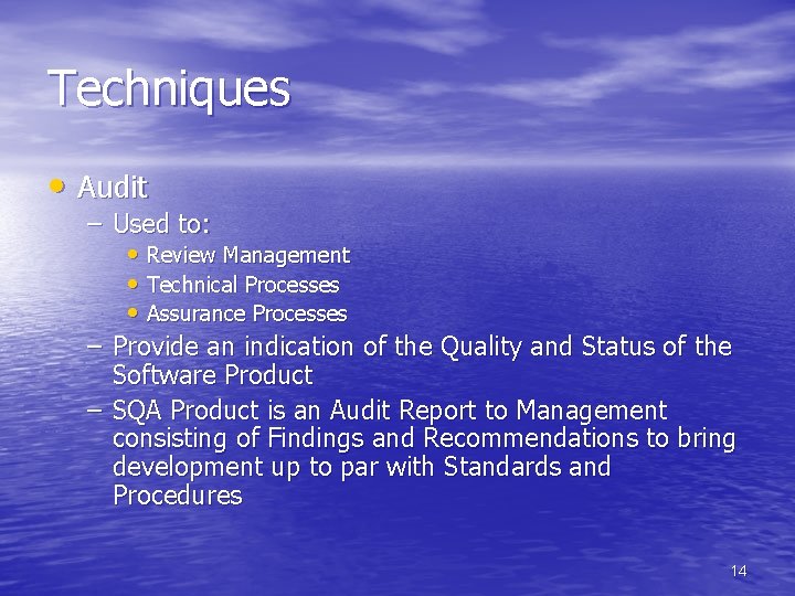 Techniques • Audit – Used to: • Review Management • Technical Processes • Assurance