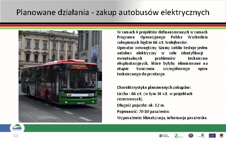 Planowane działania - zakup autobusów elektrycznych W ramach 4 projektów dofinansowanych w ramach Programu