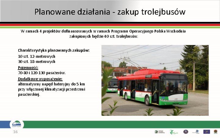 Planowane działania - zakup trolejbusów W ramach 4 projektów dofinansowanych w ramach Programu Operacyjnego