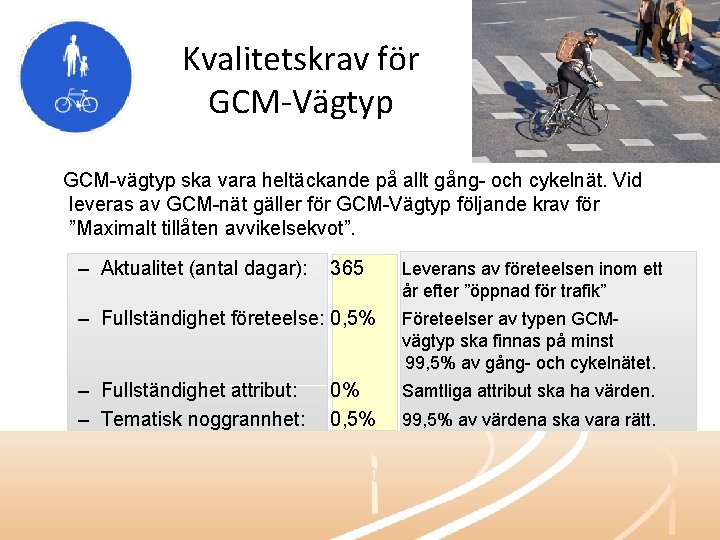 Kvalitetskrav för GCM-Vägtyp GCM-vägtyp ska vara heltäckande på allt gång- och cykelnät. Vid leveras