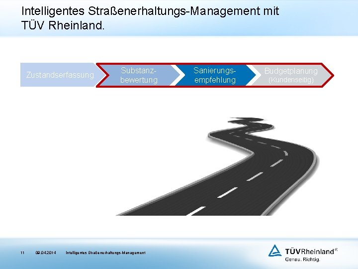 Intelligentes Straßenerhaltungs-Management mit TÜV Rheinland. Zustandserfassung 11 09. 04. 2014 Substanzbewertung Intelligentes Straßenerhaltungs-Management Sanierungsempfehlung
