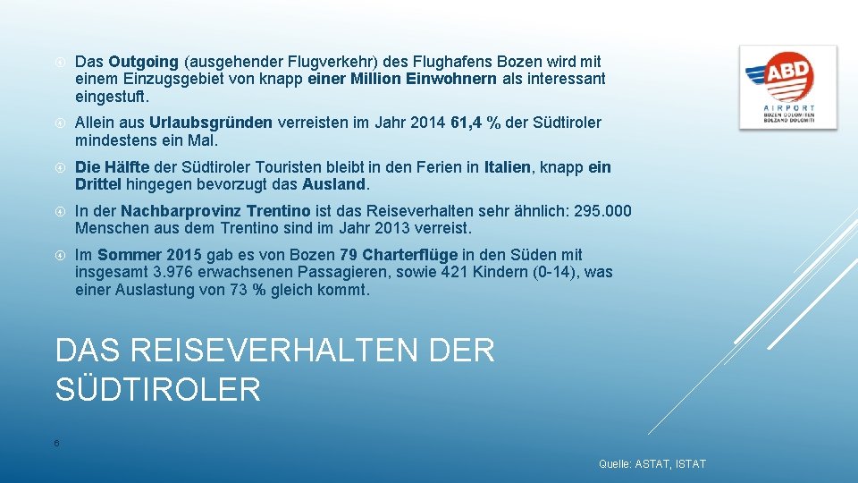  Das Outgoing (ausgehender Flugverkehr) des Flughafens Bozen wird mit einem Einzugsgebiet von knapp