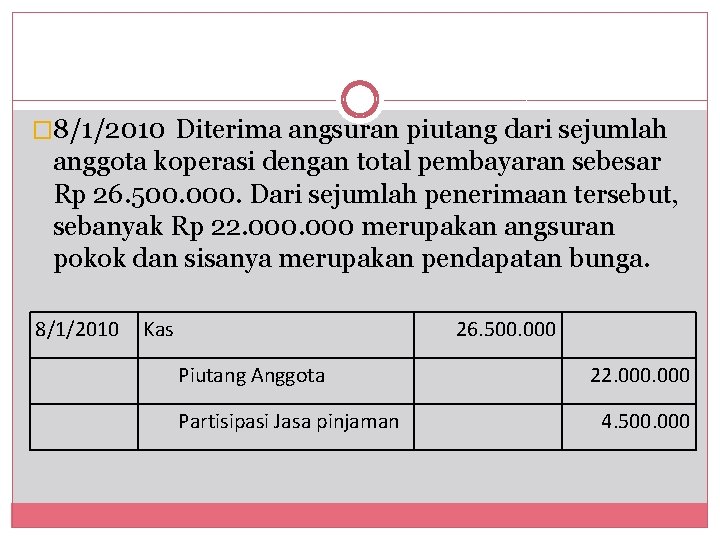 � 8/1/2010 Diterima angsuran piutang dari sejumlah anggota koperasi dengan total pembayaran sebesar Rp