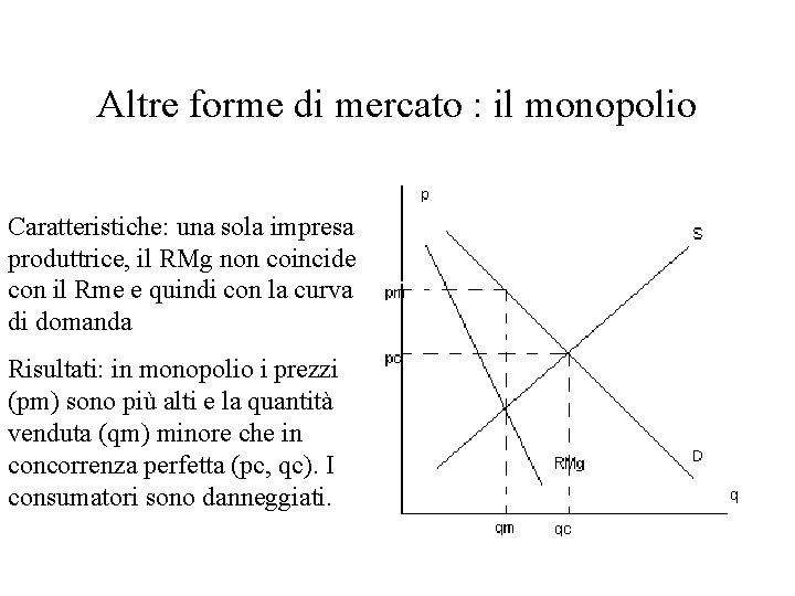 Altre forme di mercato : il monopolio Caratteristiche: una sola impresa produttrice, il RMg