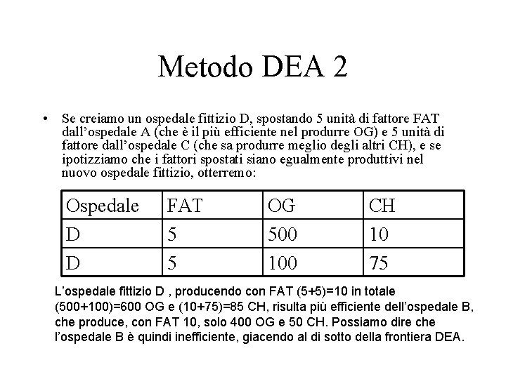 Metodo DEA 2 • Se creiamo un ospedale fittizio D, spostando 5 unità di
