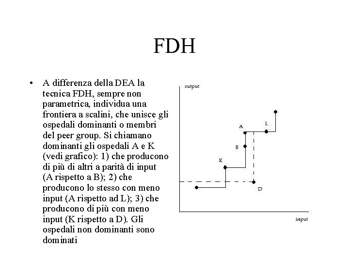 FDH • A differenza della DEA la tecnica FDH, sempre non parametrica, individua una